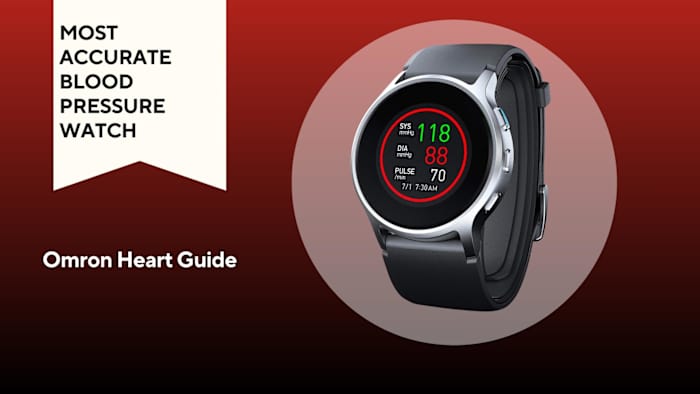 omron heart guide watch on red background